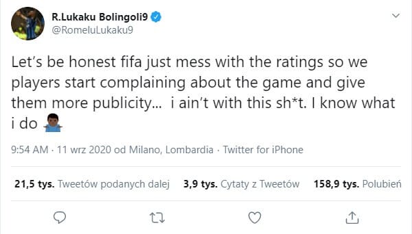 Romelu Lukaku niezadowolony ze swojej oceny w FIFIE 21. Ostry wpis Belga Zdjęcie główne wpisu