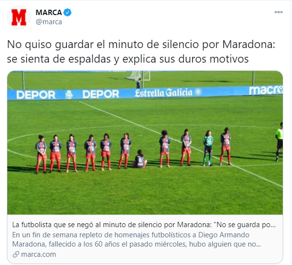 Piłkarka odmówiła uczestnictwa w minucie ciszy ku pamięci Diego Maradony. „Żeby być piłkarzem, najpierw trzeba być człowiekiem” Zdjęcie główne wpisu