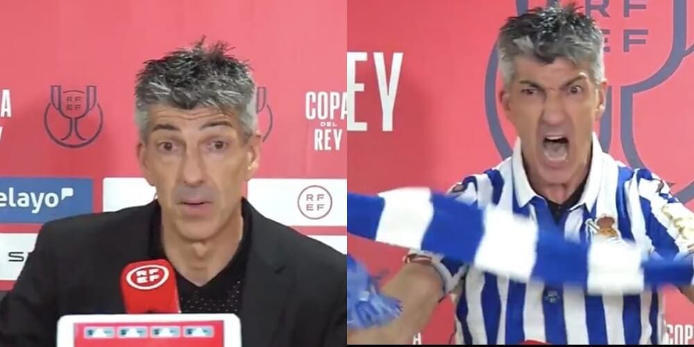 Z „trybu trenera” w „tryb kibica”. Szkoleniowiec Sociedad zrobił show na konferencji [WIDEO] Zdjęcie główne wpisu