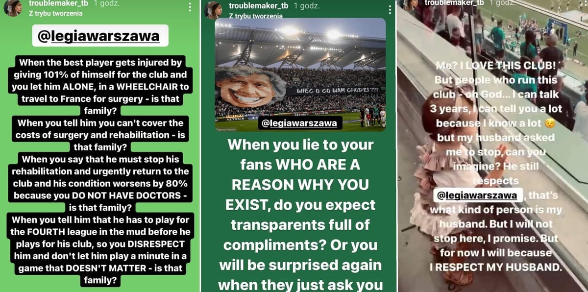 Żona piłkarza Legii Warszawa krytykuje klub! „Ludzie, którzy prowadzą ten klub – o Boże…” Zdjęcie główne wpisu
