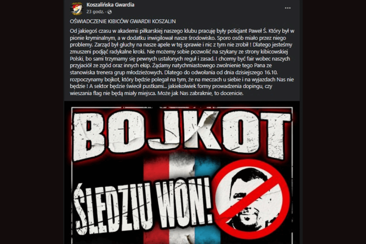 Gwardia Koszalin znów na językach. Kibole chcą zwolnienia trenera, bo był policjantem Zdjęcie główne wpisu