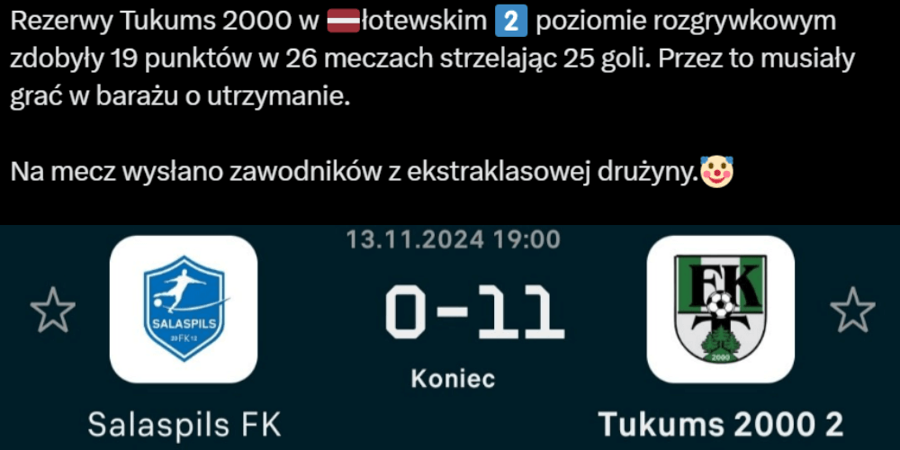 Łotewski klub ma łeb do interesów. Wstawił do rezerw piłkarzy z 1. ligi i wygrał baraże 11-0 Zdjęcie główne wpisu