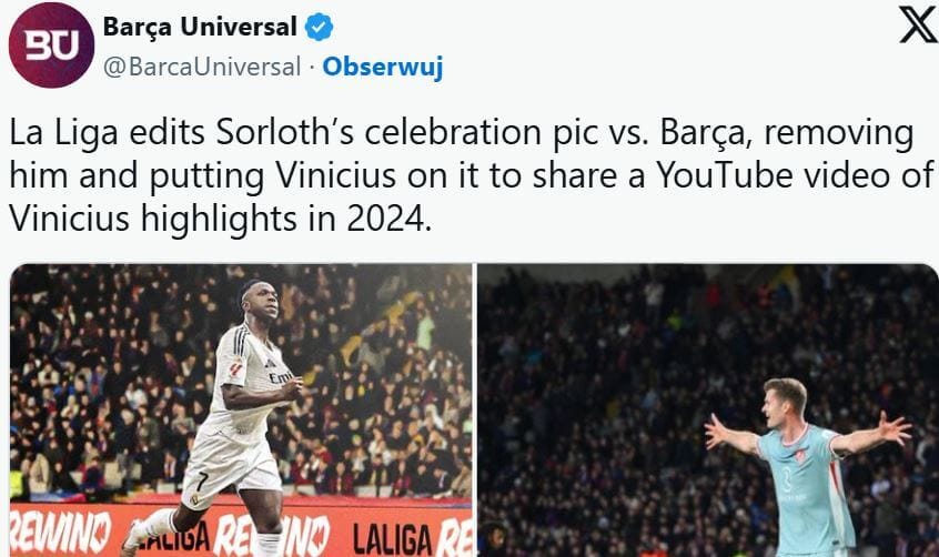 LaLiga opublikowała kompilację zagrań Viniciusa. Na miniaturce znalazło się przerobione zdjęcie Zdjęcie główne wpisu