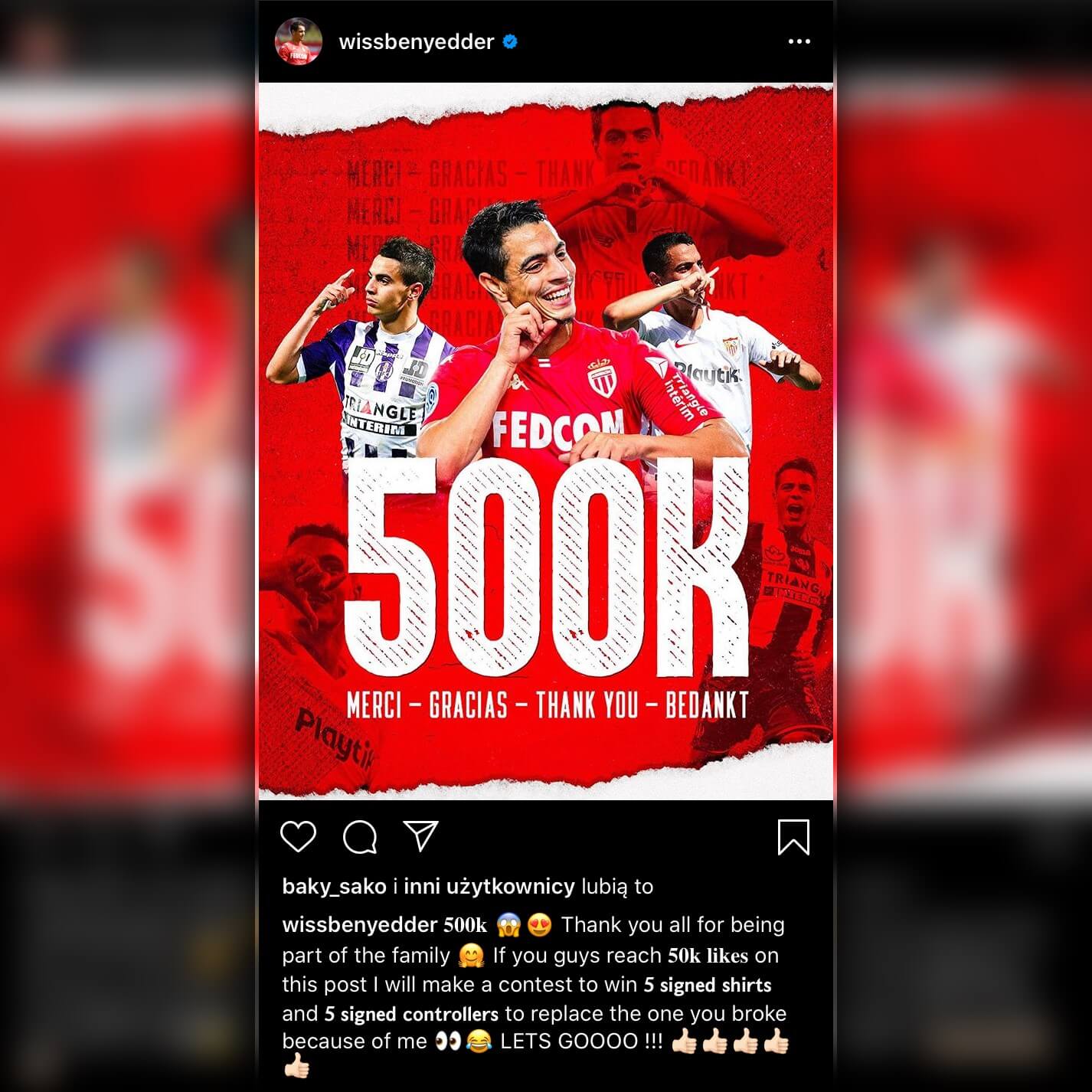 Wissam Ben Yedder ogłasza nietypowy konkurs z okazji 500 tysięcy obserwujących na Instagramie Obraz wpisu