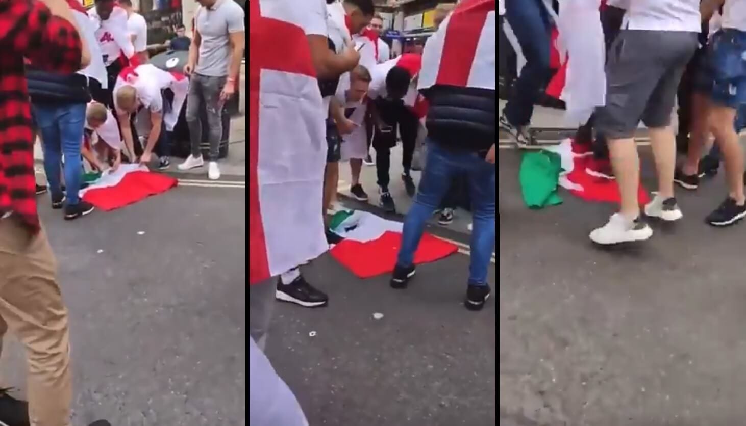 Karygodne zachowanie angielskich kibiców przed finałem EURO. Pocięli, zdeptali i napluli na włoską flagę [WIDEO] Obraz wpisu