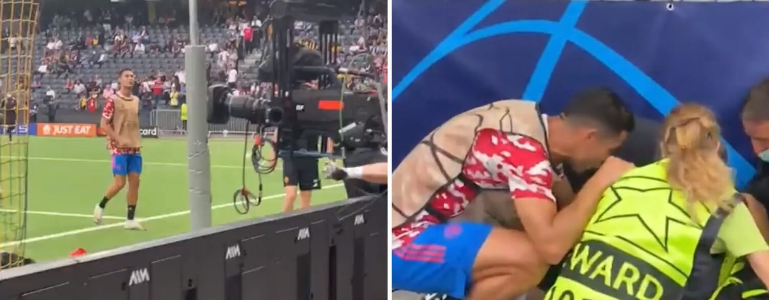 Cristiano Ronaldo znokautował stewardessę na rozgrzewce! Portugalczyk podbiegł ją przeprosić [WIDEO] Obraz wpisu