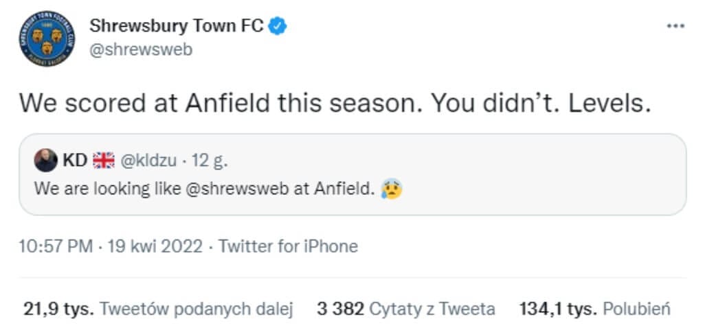 Shrewsbury Town z dobitną ripostą do kibica Manchesteru United. „My strzeliliśmy bramkę na Anfield” Obraz wpisu