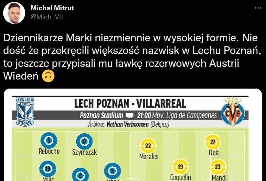 Wpadka hiszpańskich dziennikarzy. Przekręcili nazwiska piłkarzy Lecha, a na ławce umieścili graczy Austrii Wiedeń Obraz wpisu