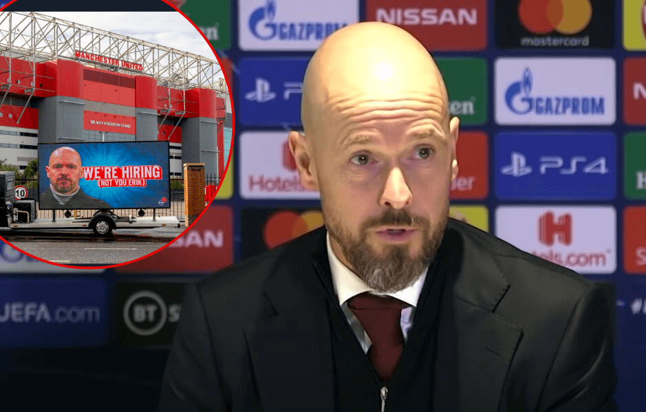 Sieć restauracji drwi z Erika Ten Haga. Umieścili szokujący baner przed Old Trafford Obraz wpisu