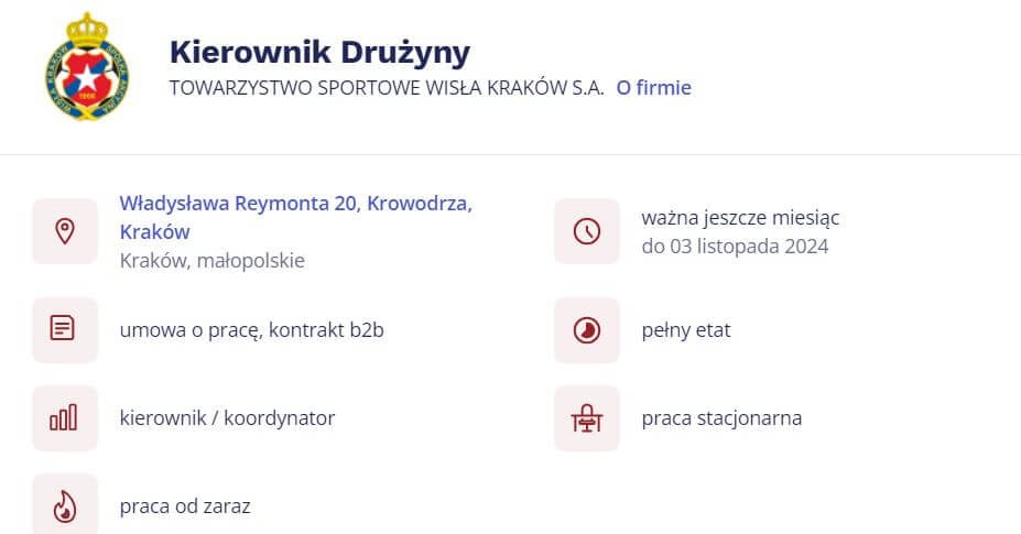 Wisła Kraków szuka Kierownika Drużyny. Klub zamieścił ofertę pracy na portalu z ogłoszeniami pracy Obraz wpisu