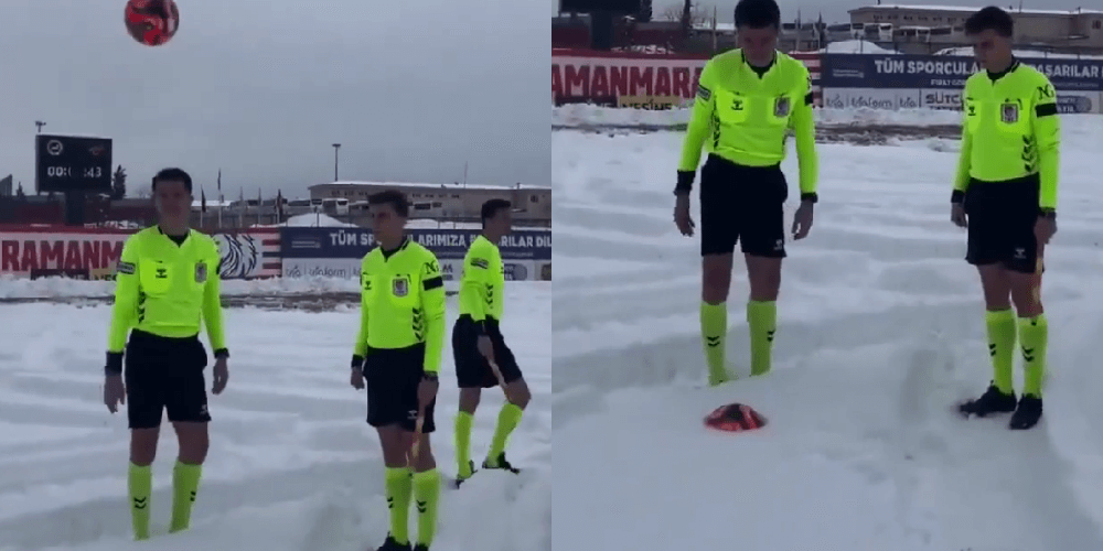 Komiczna sytuacja w Turcji. Sędziowie rzucili piłką w śnieg, żeby przekonać się, że nie da się rozegrać meczu [WIDEO] Obraz wpisu